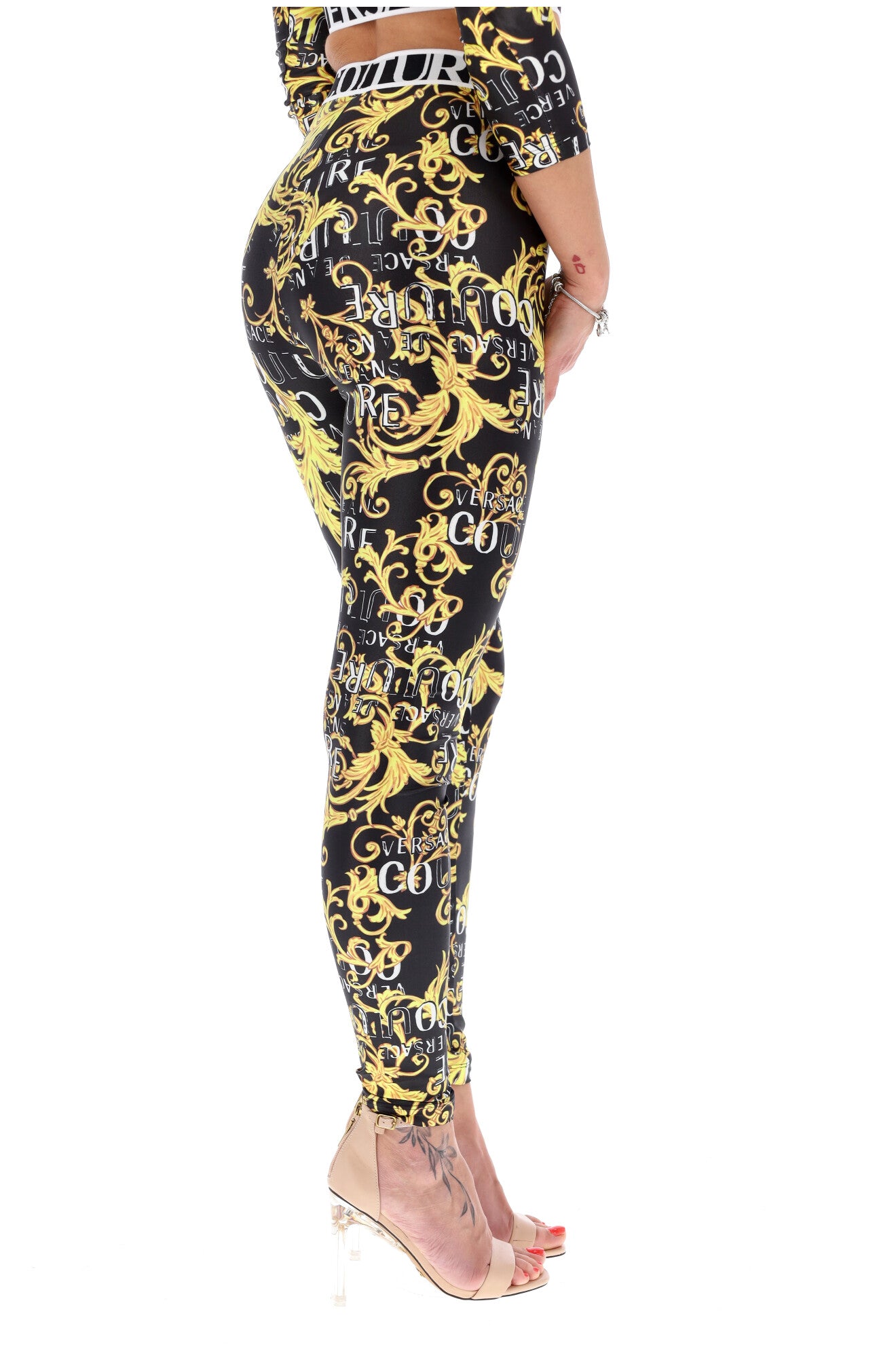 VERSACE Tights with cut-out in neon yellow/ black/ gold