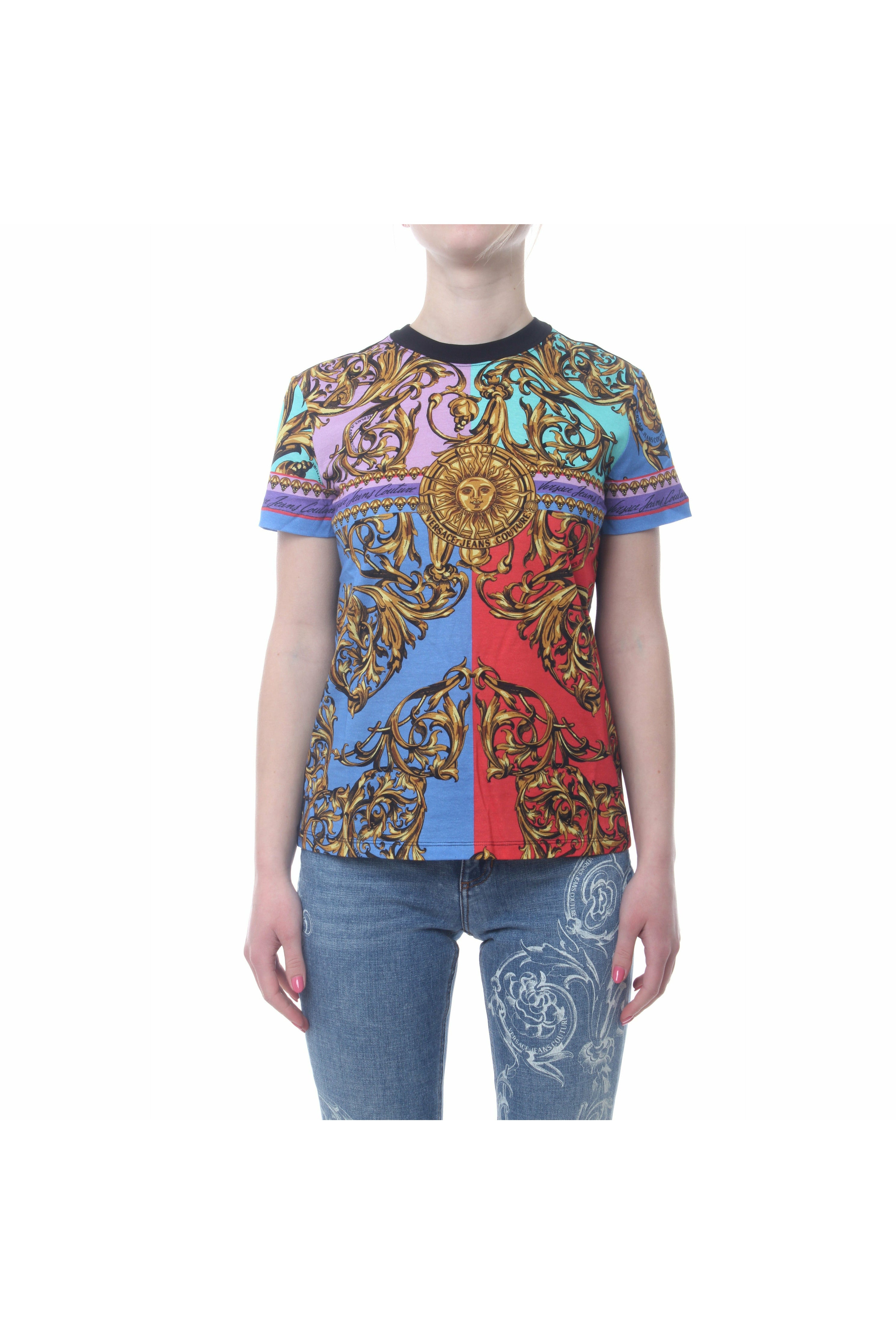 VERSACEJEANSCOUTURE 72HAH6A3-JS074 t-shirt in cotone girocollo con stampa multicolore e barocca frontale all-over